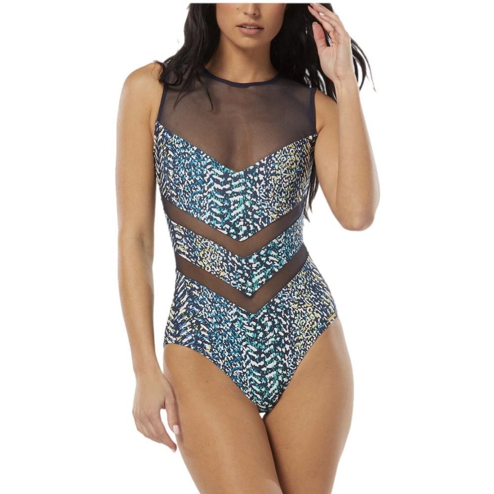 Vince Camuto High-Neck Zip-Back One-Piece Swimsuit